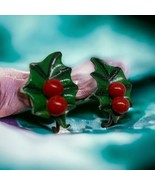 Vtg Guilloche Glass Enamel Holly Berries Christmas Screw Back Earrings 1” - $21.94 CAD