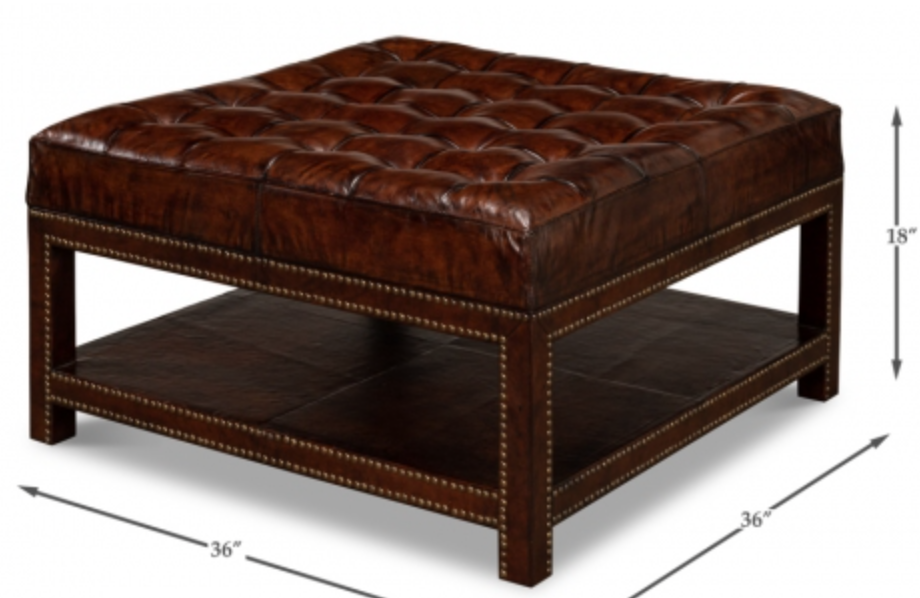 Ralph Lauren Style Square Ottoman Top Grain Tufted Butter Leather Vintage Brown  - $1,697.07