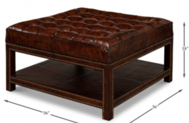 Ralph Lauren Style Square Ottoman Top Grain Tufted Butter Leather Vintage Brown  - £1,356.56 GBP
