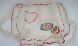 vintage handmade half  apron white organdy red rick rack fruit applique  - $15.84