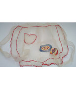 vintage handmade half  apron white organdy red rick rack fruit applique  - $15.84