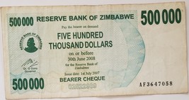 Bank of Zimbabwe Five Hundred Thousand Dollars banknote 2007 - £2.35 GBP