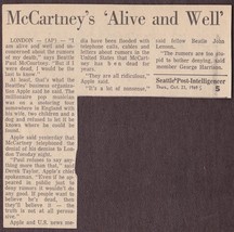 Beatles Paul McCartney &quot;Alive and Well&quot; 1969 Seattle P-I Newspaper Clipping - $12.75