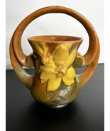 Vintage Roseville Pottery Brown Clematis Fan Handle Vase #387-7 1940&#39;s - £97.59 GBP