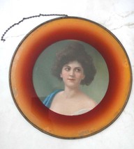 Antique Victorian Flu Cover Art Lady W Reverse Painted Border Woman Fashion - £33.74 GBP
