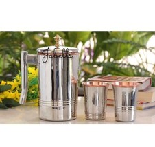 Steel Copper Drinkware Gift Set of Mirror Line Design 1 Jug &amp; Glasses Wi... - £64.68 GBP