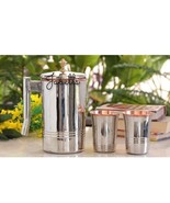 Steel Copper Drinkware Gift Set of Mirror Line Design 1 Jug &amp; Glasses Wi... - £64.68 GBP