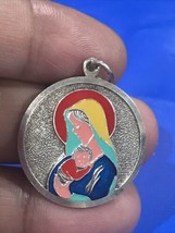 Vintage Hallmarked 900 Sterling Silver / Enamel Faced &quot; Virgin Mary &quot; Pendant - £117.84 GBP