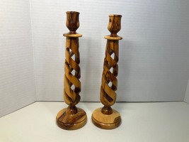 Pair Holy Land Olive Wood Spiral Pilar Candlesticks Holders - Set Of 2 - 10” - £20.31 GBP