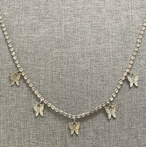Vintage Silver Tone Necklace Rhinestone and Butterfly Charm - $11.25