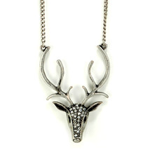 STAG NECKLACE Rhinestone Crystal NEW Chain Pendant Deer Head Horn Antlers Silver - £13.47 GBP