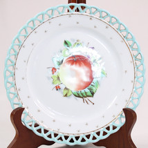 Vintage Antique Reticulated Porcelain Plate With Painted Fruit &amp; Blue Decoration - £8.74 GBP