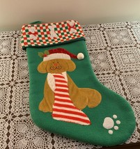 Cute Dog Christmas Stocking 17 Inch Green Bone Design Applique Tan Dog Santa Hat - £10.22 GBP