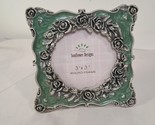 Sunflower Designs 3x3&quot; photo picture frame square green enamel silver roses - $21.00