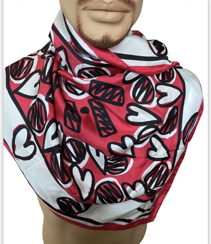 34&quot; SCARF MOSCHINO SILK SQUARE White RED HEART PRINT VIBRANT - $69.29