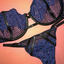 Victoria&#39;s Secret Unlined 36D Bra Set M Thong Black Blue Lace Leather Scandalous - £74.77 GBP