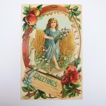Postcard Greeting Blonde Girl Picks Flowers Wheat Frame Apples Antique c 1910 - £7.80 GBP