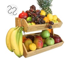 2 Tier Bamboo Fruit Basket For Kitchen Counter With Banana Hanger Hooks, Wooden  - $50.99