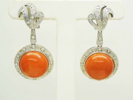 Natural Round Red Coral &amp; Diamond Dangle Omega Earrings Sterling Silver - £3,077.52 GBP