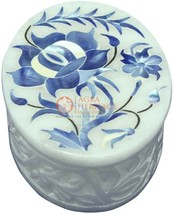 3&quot;x2&quot; White Round Jewelry Lidded Box Alabaster Stone Floral Art Veterans Gift - £92.53 GBP