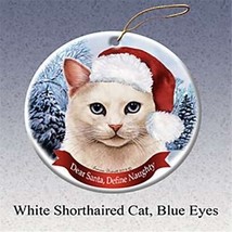 Holiday Gift White Shorthair Cat, Blue Eyes Santa Hat Christmas Ornament - £24.29 GBP