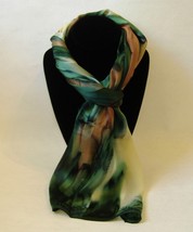 Hand Painted Silk Scarf Green Cream Amber Brown Womens Rectangle Unique ... - €48,08 EUR
