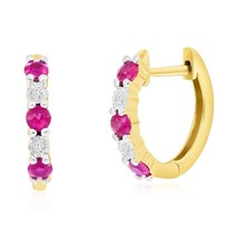 14K Yellow Gold, Round 0.34ct Ruby, Diamond Hoop Earrings - (10 Stones) - £649.27 GBP