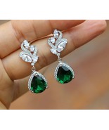 4Ct Pear Cut Green Emerald Vintage Drop &amp; Dangle Earrings 14K White Gold... - £121.77 GBP
