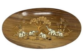 Vintage Oval Wooden African Elephant Scenery Plaque, 1970's - $18.99