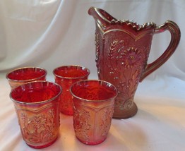 Imperial Glass Pitcher Sunset Ruby and 4 tumblers Carnival Glass - $150.00