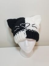 Handmade Crochet Black &amp; White Cat Ear Beanie with Whiskers - $328.54 MXN