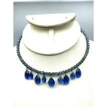 Blue Teardrops Memory Wire Choker, Faceted Crystal Beaded Bib Necklace - £39.75 GBP