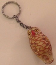 Owl Keychain Hand Painted Wood Figural Bird Brown Tan Beige Key Ring Keeper - $14.74