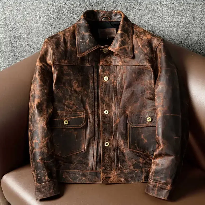 Top Vintage Thick layer Skin Genuine leather Made Jackets - $547.08 CAD