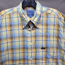 Faconnable Mens Shirt L Made in USA Yellow Blue Plaid Short Sleeve Butto... - $17.20