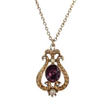 Vintage AVON Gold Purple Pendant Necklace Pearl Victorian Crest Amethyst... - $35.43