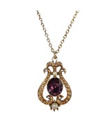 Vintage AVON Gold Purple Pendant Necklace Pearl Victorian Crest Amethyst... - $35.43