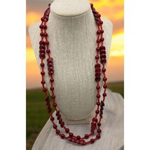 Vintage Long Red Beaded Necklace Gold Paint Accents 55 Inch 80s Retro - $21.88