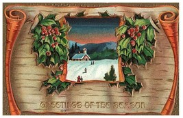 Greetings of the Season Vintage Postcard Holly Snow Scene - £6.27 GBP