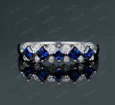 1.50Ct Princess Blue Sapphire Half Eternity Wedding Ring Band 14k White Gold Fin - £71.33 GBP