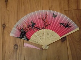 Japanese Art Print Silk Hand Folding Fan Fashion Decor Pink Flowers &amp; Birds - $14.85