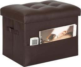 Storage Ottoman Foot Rest Stool, Foldable Leather Footstool Storage Bench, Brown - £29.09 GBP