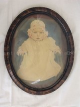 Antique Adorable Baby Portrait Photo Enhanced Concave Glass Wood Frame 15.25&quot; - £71.01 GBP