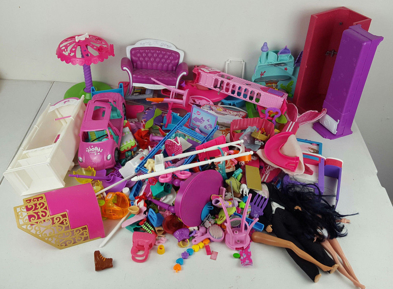 Huge Mixed Lot of Polly Pocket and Barbie Clothes Figures Food Set Pieces Unsort - $49.20