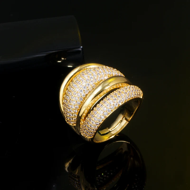 Adjustable Cubic Zircon Bold Big Statement Rings for Women Luxury Yellow Gold Br - £18.82 GBP