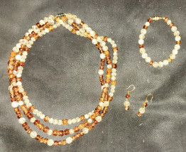 Vintage Beaded 3 Strand 19 Inch Necklace Bracelet Earrings Set Crackle Glass? - £23.81 GBP