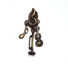 JJ Jonette Horn Violin Musical Note Dangling Charms Brass Tone Lapel Pin... - £6.96 GBP