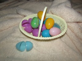 EASTER yellow plastic wicker basket 13 pastel plastic eggs blue bunny(Easter bx) - £5.56 GBP