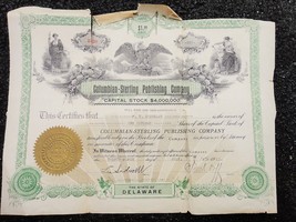 1911 Antique Columbian Sterling Publishing Co.Stock Cert Signed ORFF/SIDWELL Brn - £33.05 GBP