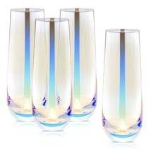 Iridescent Stemless Champagne Flutes Wine Glasses For Cocktails (10 Oz 4 Pack) - £33.55 GBP